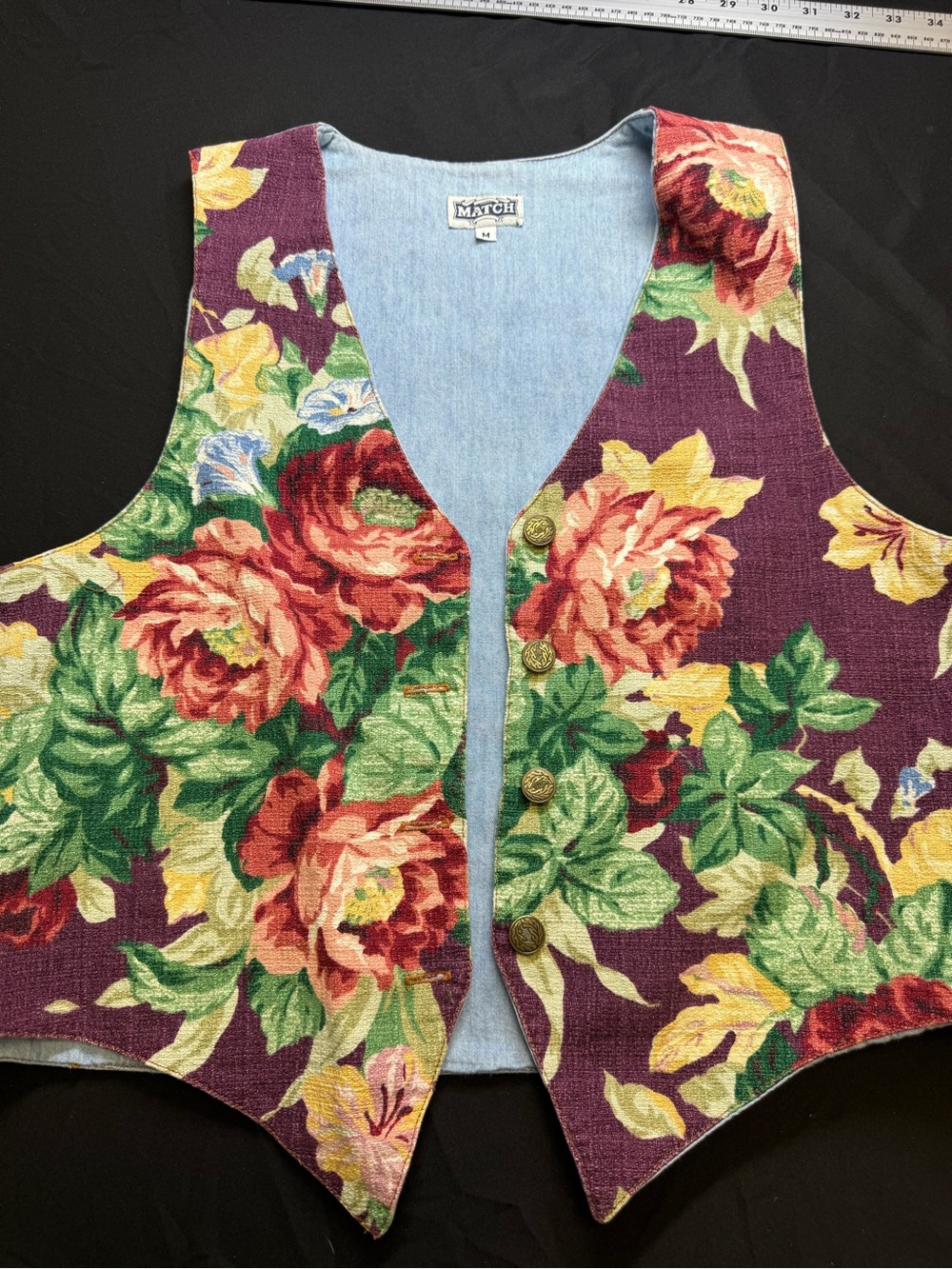 Match Floral Button-Front Vest in Plum, Green and Yellow (M)
